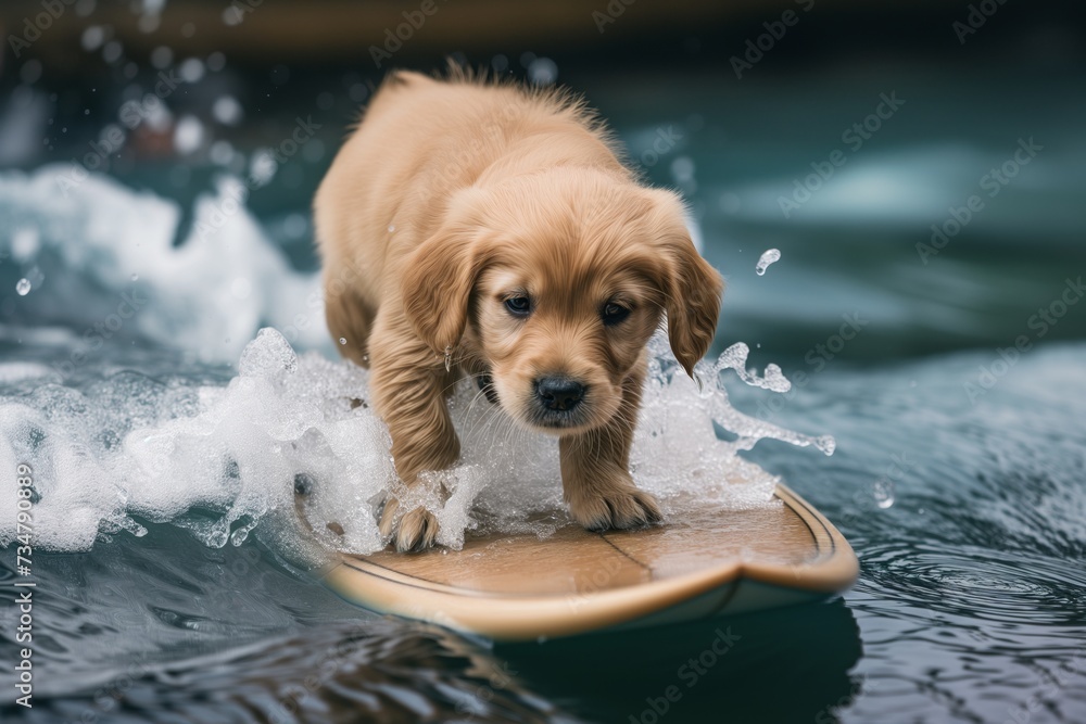 puppy on a mini surfboard riding a gentle wave
