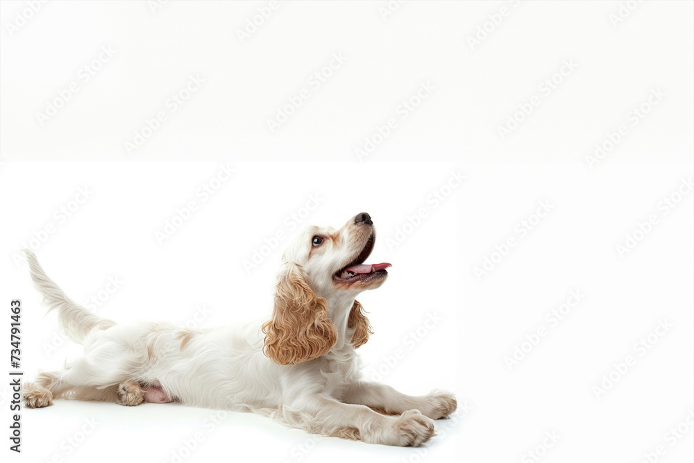 English cocker spaniel young dog is posing. Banner. Cute playful doggy or pet is playing isolated on white background. Concept of motion, action, movement. English cocker spaniel young dog is posing. Banner. Cute playful doggy or pet is playing isolated on white background. Concept of motion, action, movement.
