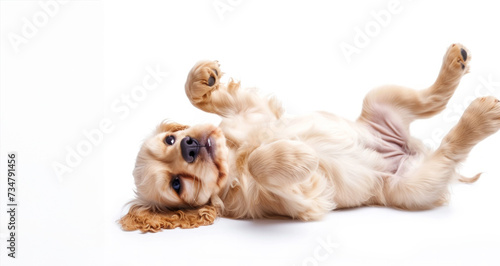 English cocker spaniel young dog is posing. Banner. Cute playful doggy or pet is playing isolated on white background. Concept of motion  action  movement.