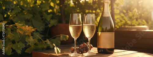 two champagne flutes on a wooden table with vines in the background