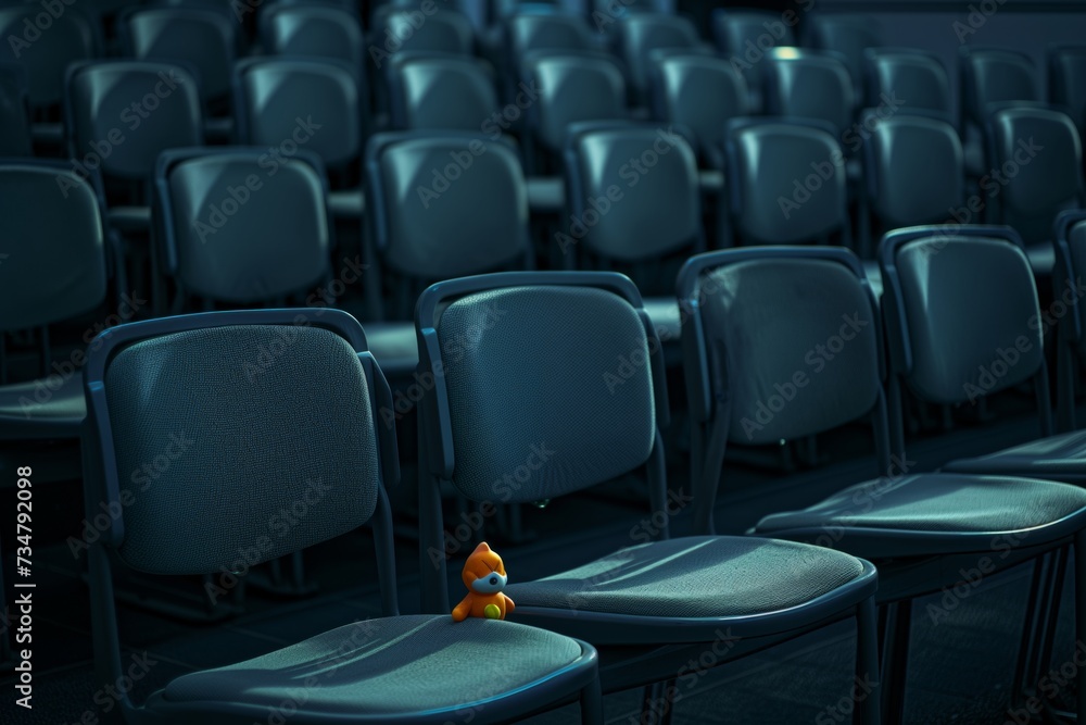 Naklejka premium rows of chairs with a lone childs toy forgotten on a seat