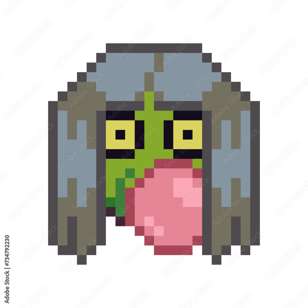 Obraz premium Emoticon pixel art face with pink gum ball and long hair, funny smiley cartoon character 8-bit style. Isolated abstract vector illustration.