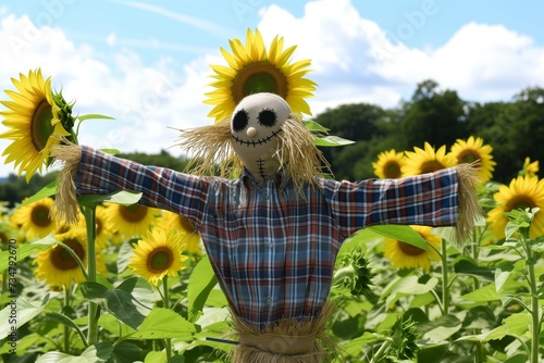 scarecrow clad in plaid shirt among towering sunflowers photo