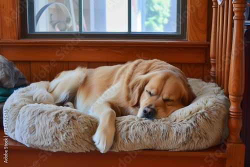 inviting pet nook with a dog dozing on a plush bed