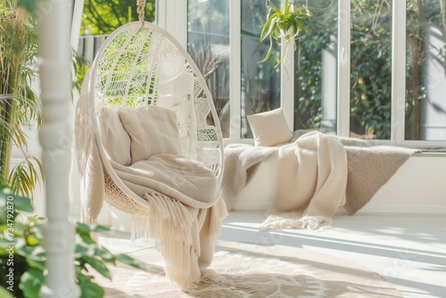 Fototapeta bright conservatory with hanging chair and plush throws