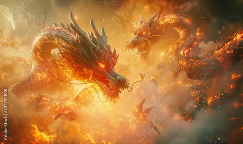 Fire dragon, Fantasy animal, Chinese god background, copy space, Generative Ai © SOLO PLAYER