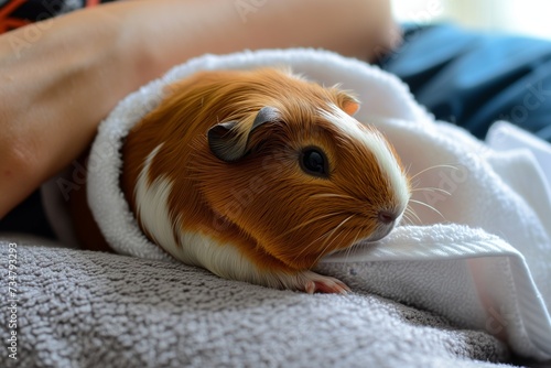 guinea pig resting in a persons lap, wrapped in a towel