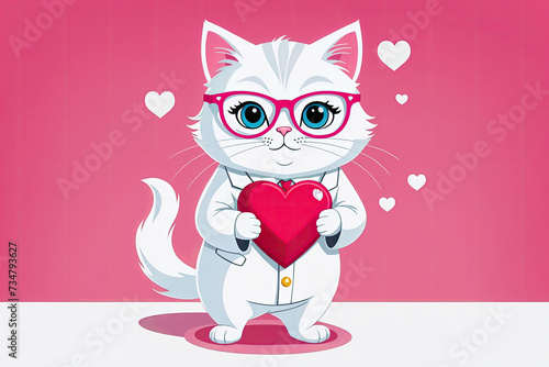 Cartoon cat dressed in a suit   wearing heart-shaped glasses  and holding a heart. Background is pink.