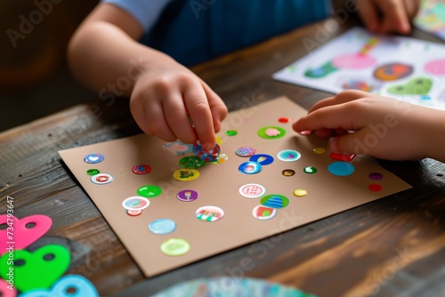 child pressing colorful stickers onto a handmade greeting card photo