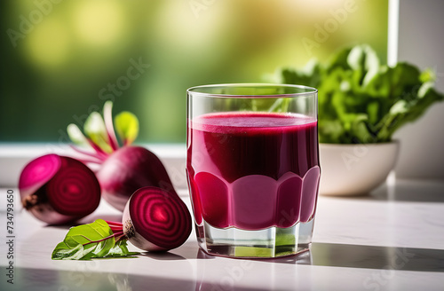 natural beetroot juice in a glass glass on the table. detox diet. healthy food. It's a sunny day. whole beetroot fruits on the table
