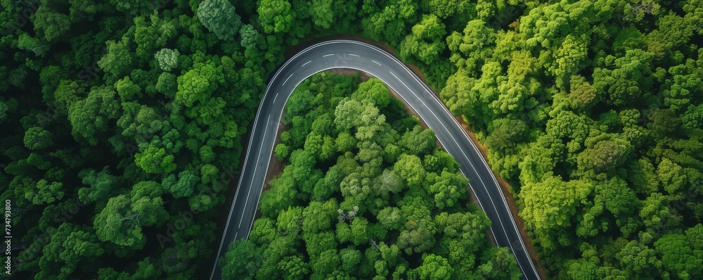 Aerial top view of road in the mountain, forest, hills, banner with copy space, Generative AI