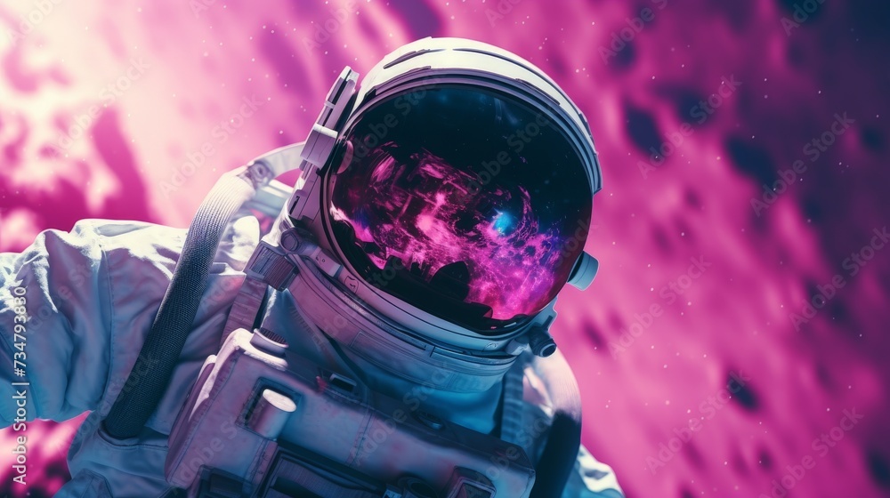 Cosmic Dreams: Astronaut with Reflective Helmet against a Vibrant Pink Nebula Cosmic Dreams: Astronaut with Reflective Helmet against a Vibrant Pink Nebula