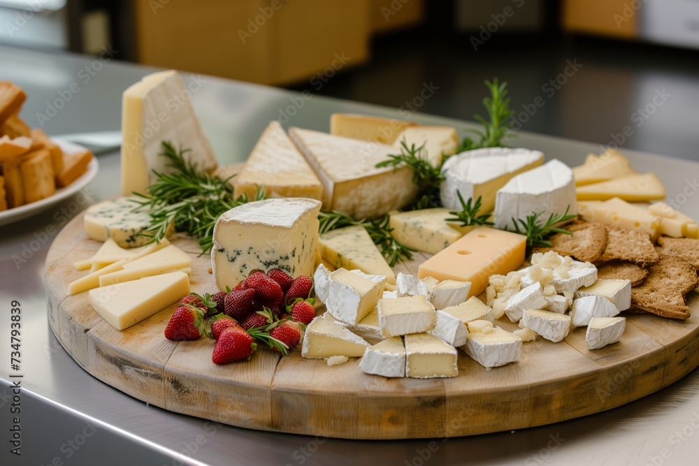 arranging a cheese platter on steel kitchen island