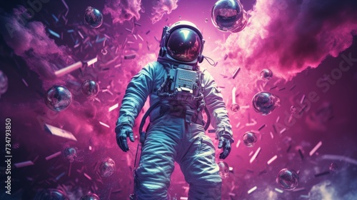 Space Explorer Amidst Cosmic Debris: Astronaut Floating with Bubbles & Shards