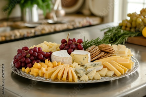 arranging a cheese platter on steel kitchen island