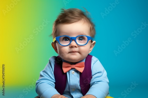 Little Scholar: Cute Baby with Blue Glasses and Bow Tie on Colorful Backdrop