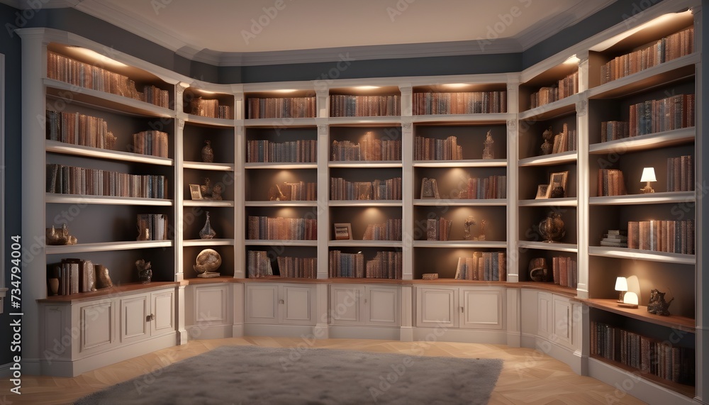 Classic white wood bookshelves on 3/4 walls of the room, arches, curved, spotlights on every single shelf Classic white wood bookshelves on 3/4 walls of the room, arches, curved, spotlights on every single shelf