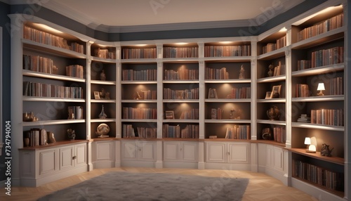 Classic white wood bookshelves on 3/4 walls of the room, arches, curved, spotlights on every single shelf