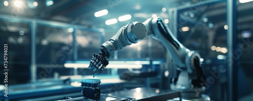 A robot arm quickly assembles products in a factory, demonstrating the combination of human and artificial manufacturing, Generative AI