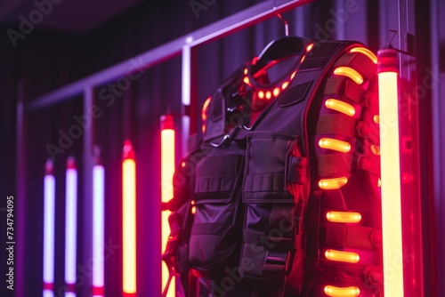 laser tag vest hanging on a rack with glowing lights