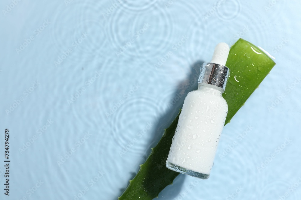 Bottle of cosmetic product and aloe leaf in water on light blue background, flat lay. Space for text Bottle of cosmetic product and aloe leaf in water on light blue background, flat lay. Space for text