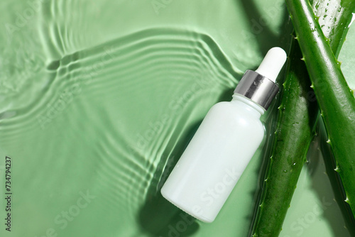 Bottle of cosmetic product and aloe leaves in water on pale green background, flat lay. Space for text