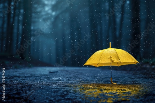 Open yellow umbrella capturing raindrops  providing a cheerful contrast to the gray backdrop of a rainy day.