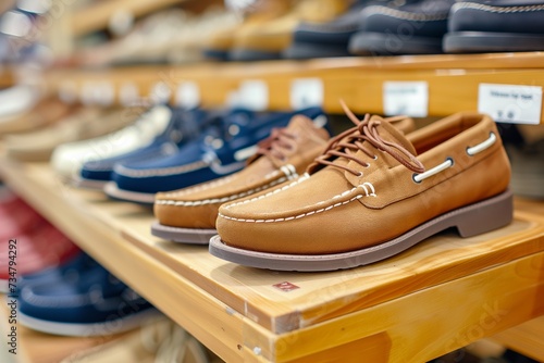 row of boat shoes on a wooden store display photo