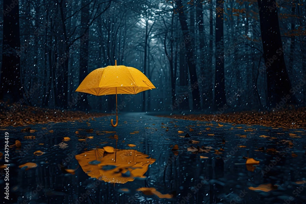 Open yellow umbrella capturing raindrops, providing a cheerful contrast to the gray backdrop of a rainy day.