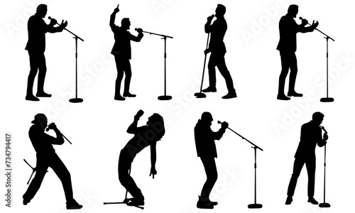 Silhouettes of a male singer performing with different enthusiastic gestures