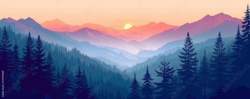 Digital Arts, Drawing landscape forest mountains nature adventure travel background Illustration of valley view of forest fir trees, mountains and sunset, Generative AI