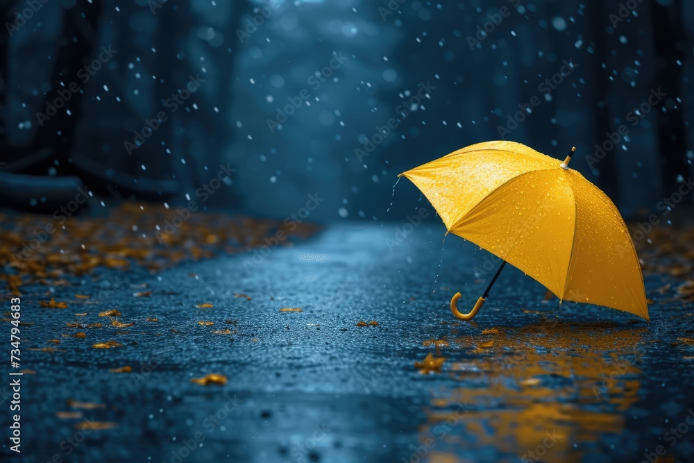 Open yellow umbrella capturing raindrops, providing a cheerful contrast to the gray backdrop of a rainy day.