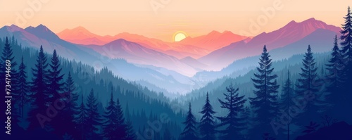 Digital Arts, Drawing landscape forest mountains nature adventure travel background Illustration of valley view of forest fir trees, mountains and sunset, Generative AI © SOLO PLAYER