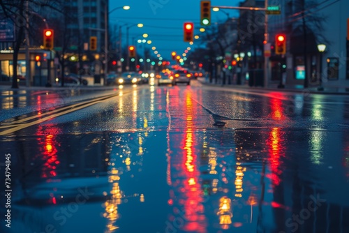 view of traffic lights reflecting on a wet city street at night