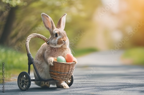 Cute Easter bunny sitting on wheelchair on the