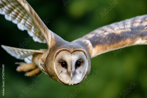closeup, owl wings spread, eyes focused forward, midflight
