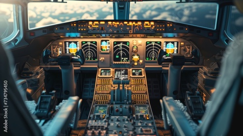 View from the pilot cockpit during the flight. empty cockpit concept photo