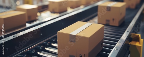 Multiple box packages moving on conveyor belt in a warehouse distribution center, Business. e-commerce, delivery, automation and products, banner with copy. space, Generative AI © SOLO PLAYER