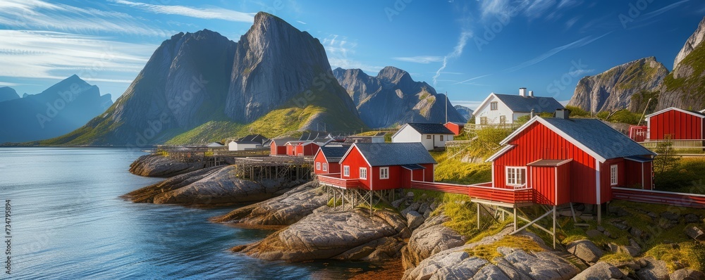 Landscape of village, Moskenes, on the Lofoten in northern Norway. Norwegian fishing village, Generative AI - obrazy, fototapety, plakaty 