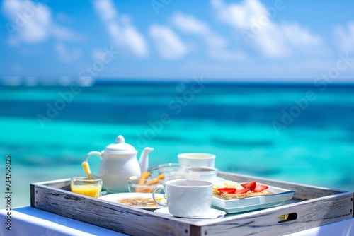 breakfast tray with ocean backdrop