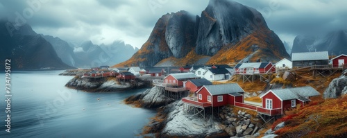 Landscape of village, Moskenes, on the Lofoten in northern Norway. Norwegian fishing village, Generative AI photo
