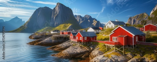 Landscape of village, Moskenes, on the Lofoten in northern Norway. Norwegian fishing village, Generative AI photo