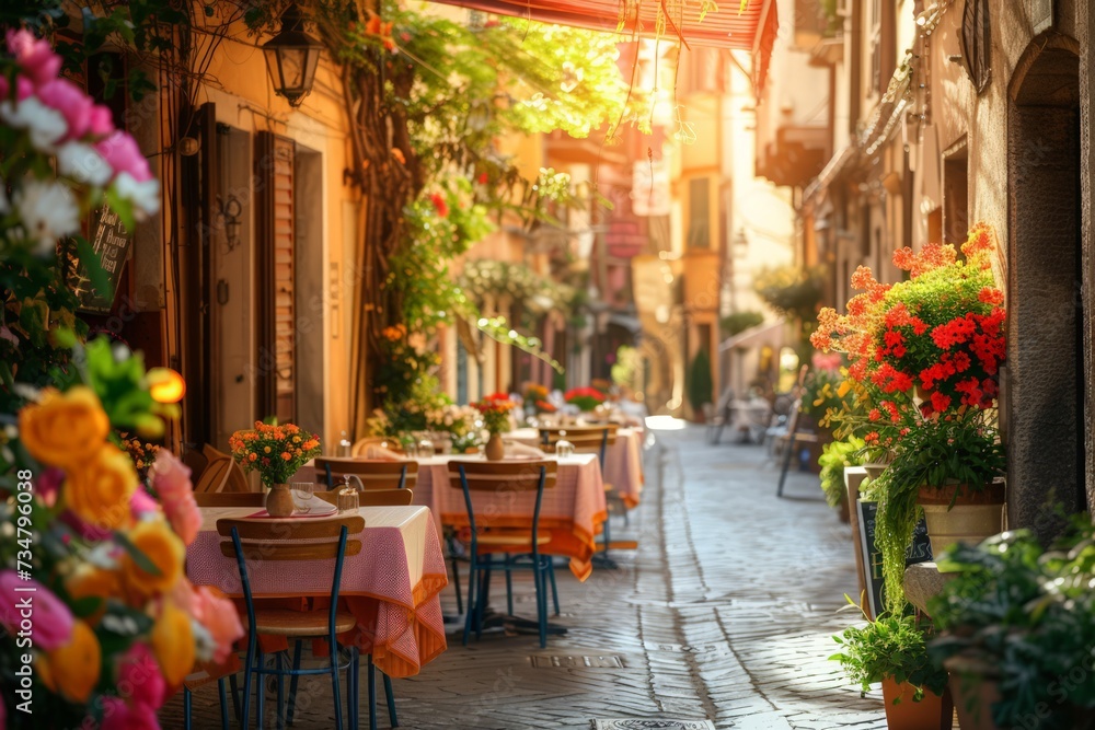 Tipico ristorante italiano nel vicolo storico fiorito - obrazy, fototapety, plakaty 