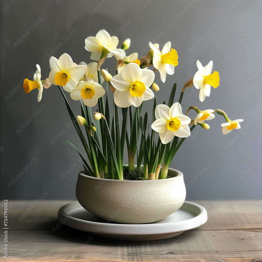 Blooming Daffodils Growing in Flowerpots Against a Grey Sunny Wall. Springtime Gardening and Decoration.