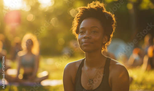 Black Woman Practising Yoga or Stretching Class in a Park, Serene Mood at Summer with Golden Hour Lighting. photo