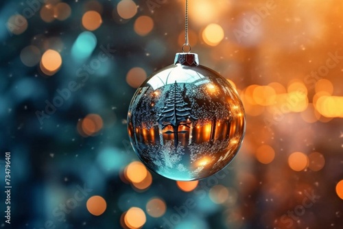 Glowing blurry background with a glittering globe ornament hanging from a fir Christmas tree. Generative AI