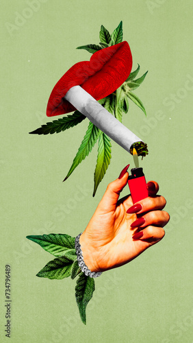 Red lipstick lips smoking joint with hand holding a lighter and cannabis leaves. Conceptual design. Cannabis legalization. Concept of medical cannabis, medicine, treatment, alternative photo