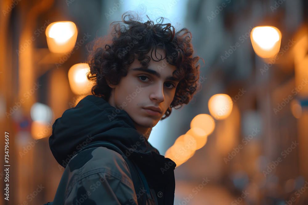 Curly Chic in the City: Serene Urban Moments with Young Man Curly Chic in the City: Serene Urban Moments with Young Man