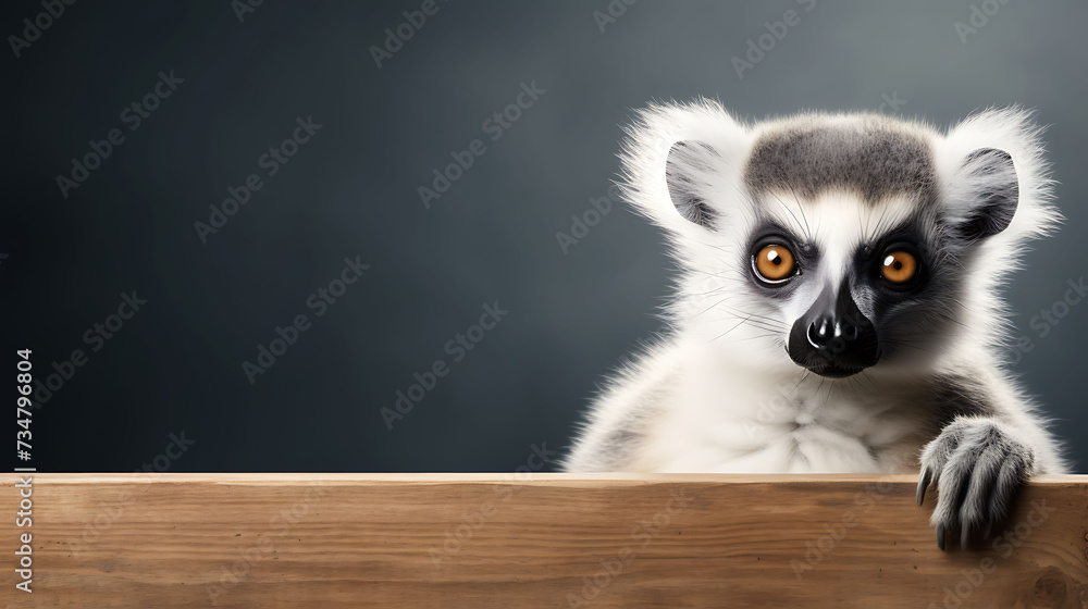 Portrait of a funny lemur with a blank banner. Copy-space