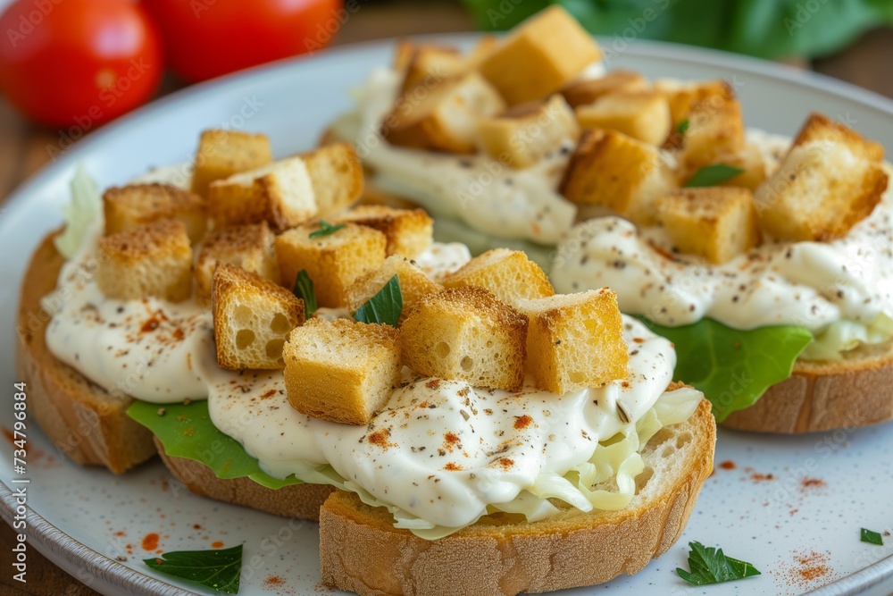 open sandwich with creamy spread and croutons open sandwich with creamy spread and croutons